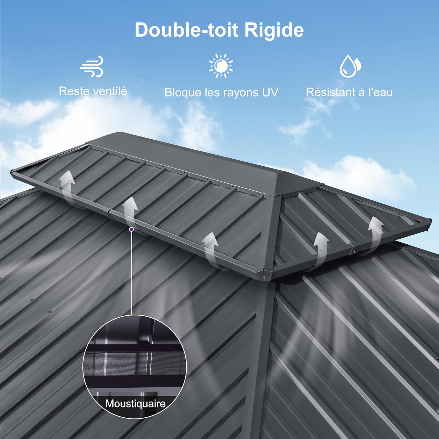 PURPLE LEAF - Pergola aluminium double toit 3,65x3m rideaux moustiquaire