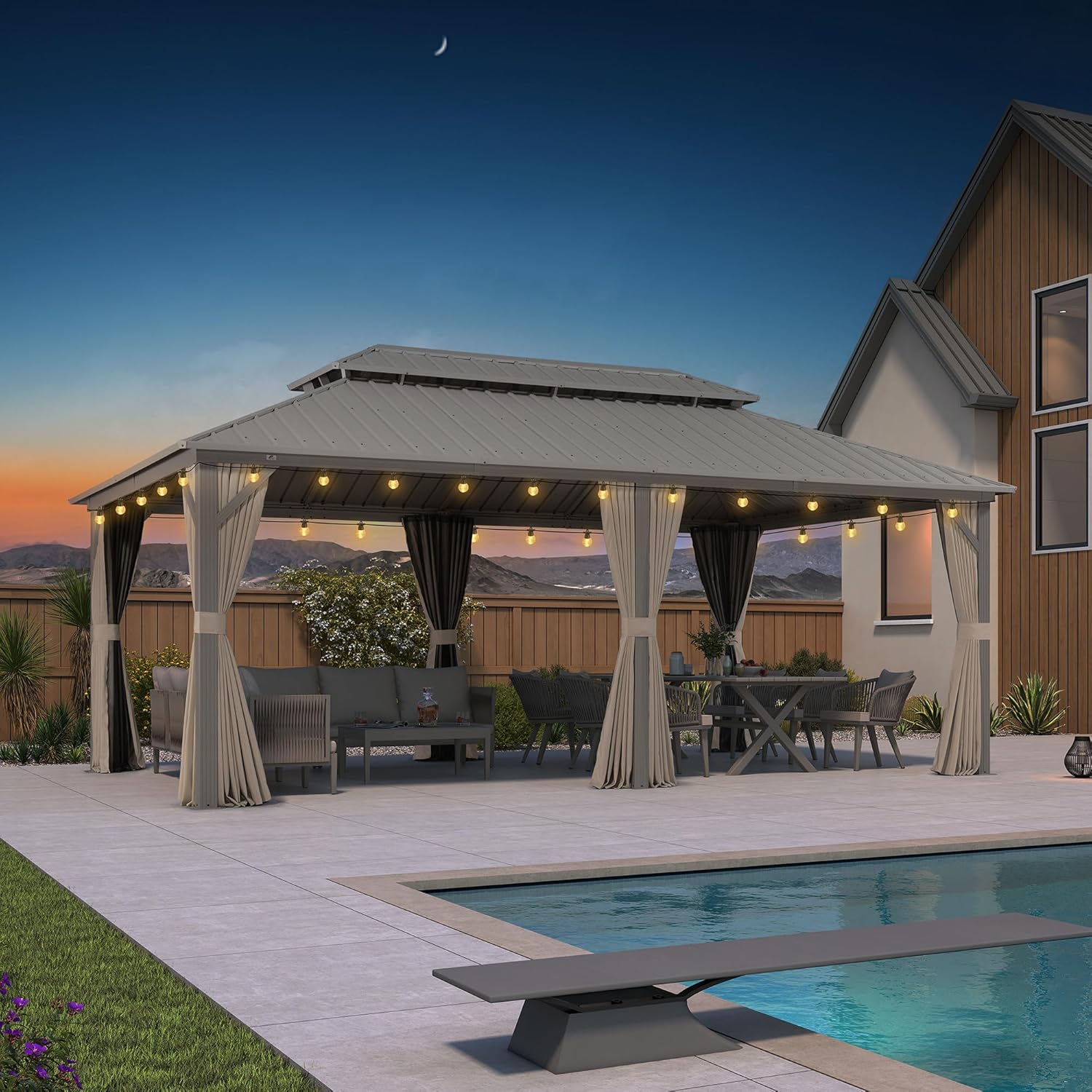 PURPLE LEAF Tonnelle de Jardin Extérieur 6 x 3,65 m avec Guirlande Lumineuse, Pergola Aluminium à Toit Rigide en Acier Galvanisé, Pavillon Imperméable pour Camping, Fête, Barbecue, Champagne