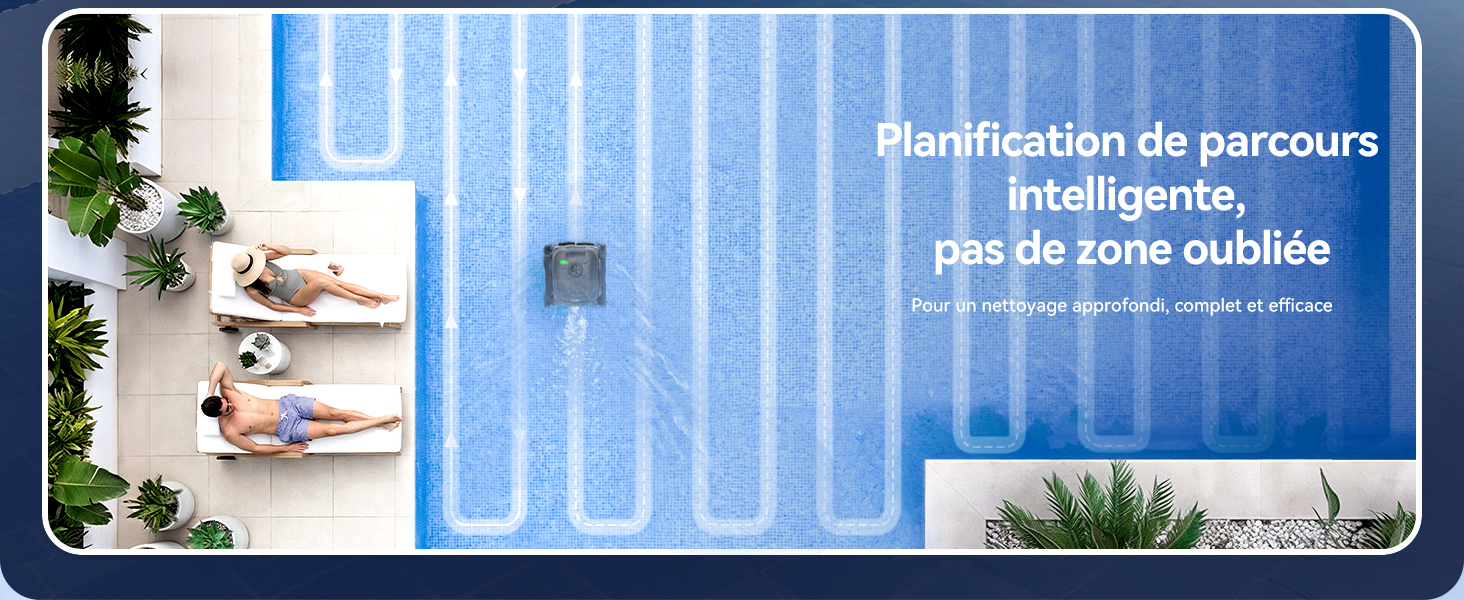 Le texte se lit comme suit : « Planification de parcours intelligente » et « Pas de zone oubliée ». Schéma teinté en bleu montrant le schéma de couverture systématique de ce qui semble être un dispositif de nettoyage.