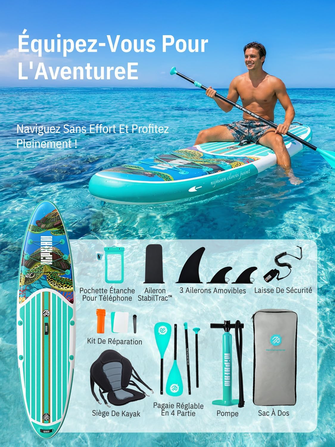 Niphean Paddle Gonflable Adulte avec Tous Les Accessoires, 320cm Planches de Stand Up Paddle Gonflables pour Tous Les Niveaux, Sup avec Capacité 200 kg pour 2 Personnes, Paddle Gonflable avec Siège