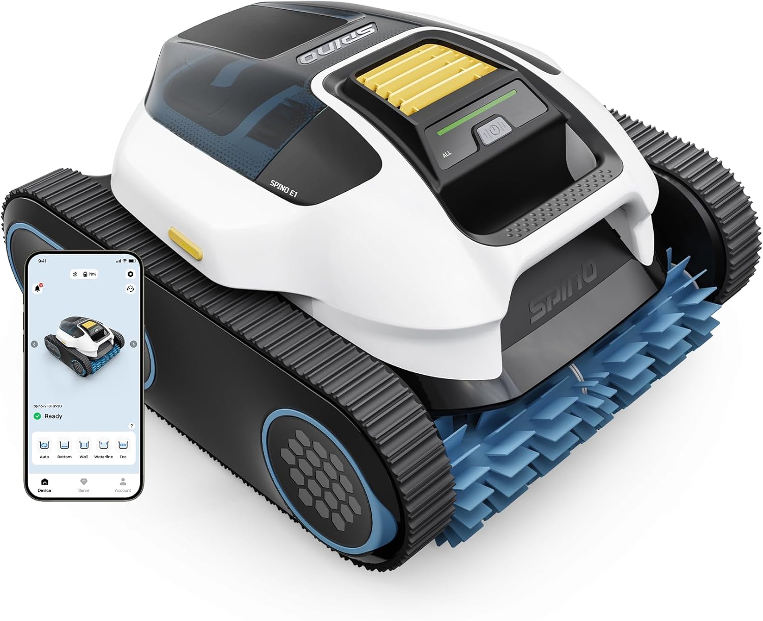 Spino E1 (2026 Nouveau) Robot Piscine, Parois, Sol et Ligne d’Eau, Puissance 21950 LPH, Autonomie 210 Min, 5-en-1 Mode, Navigation SmartArc et Contrôle App, pour Piscine Jusqu’à 150 m² Certifié ClimatePartner