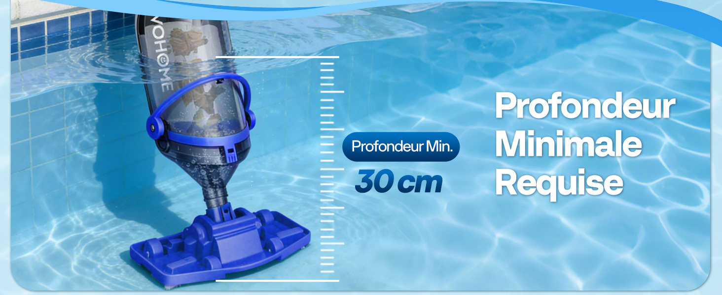 Le texte indique « Profondeur 30 cm », « Minimale requise ». Piscine aux eaux bleues montrant la mesure de la profondeur et la superposition graphique des exigences minimales.