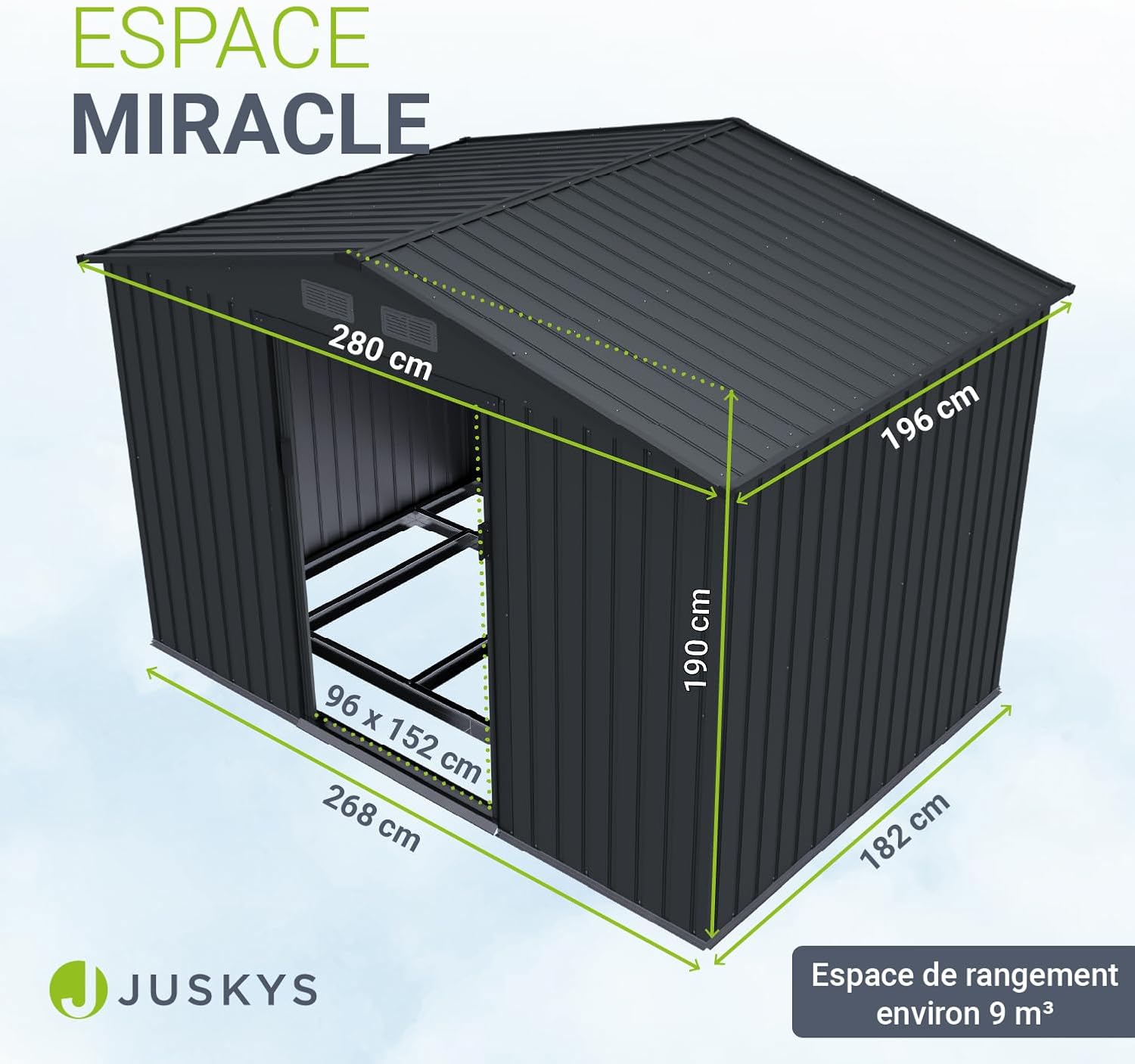 Juskys - abri métallique XL - spacieux, porte coulissante, cadre fondation