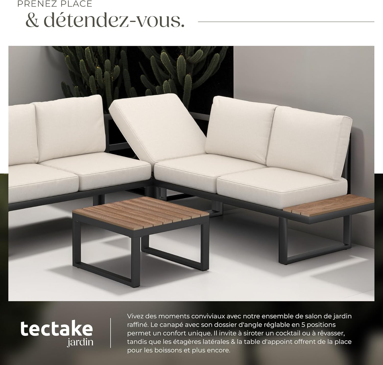 tectake - Ensemble salon 5 places aluminium, coussins épais, 215x134x70 cm