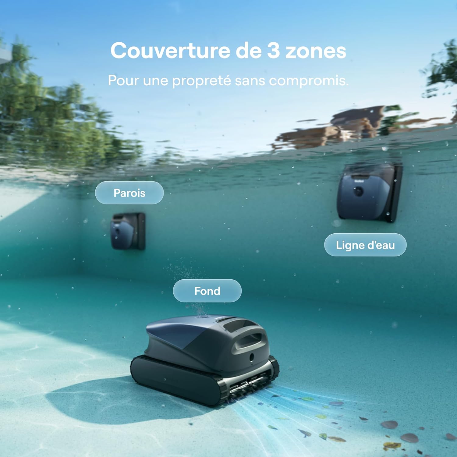 Beatbot Sora 10 Robot piscine sans fil — Fond/parois/ligne d'eau/plages immergées, puissance d'asp. 25 700 LPH, stationnement intelligent à la ligne d'eau, capacité du filtre 5L, 300 min, Bleu Profond