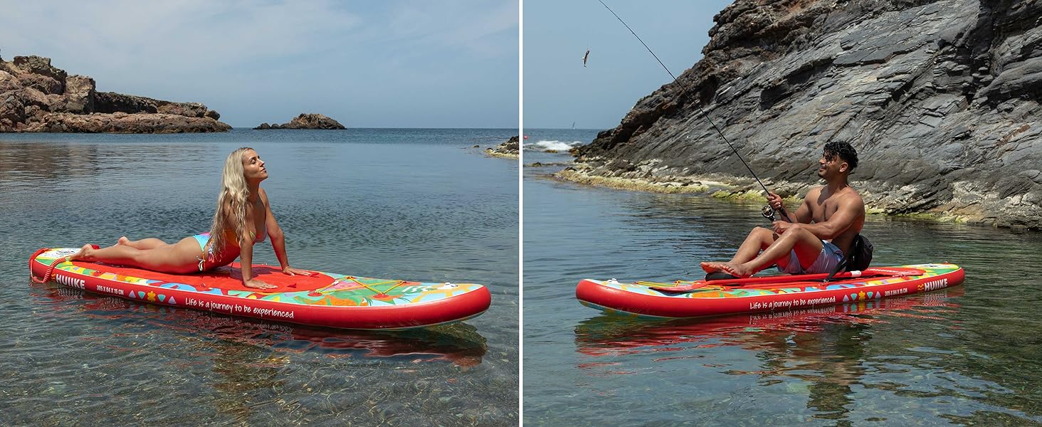 avec des graphismes colorés utilisés sur des eaux calmes près de falaises côtières rocheuses. De multiples vues démontrent la stabilité et la manœuvrabilité de la planche dans des conditions océaniques