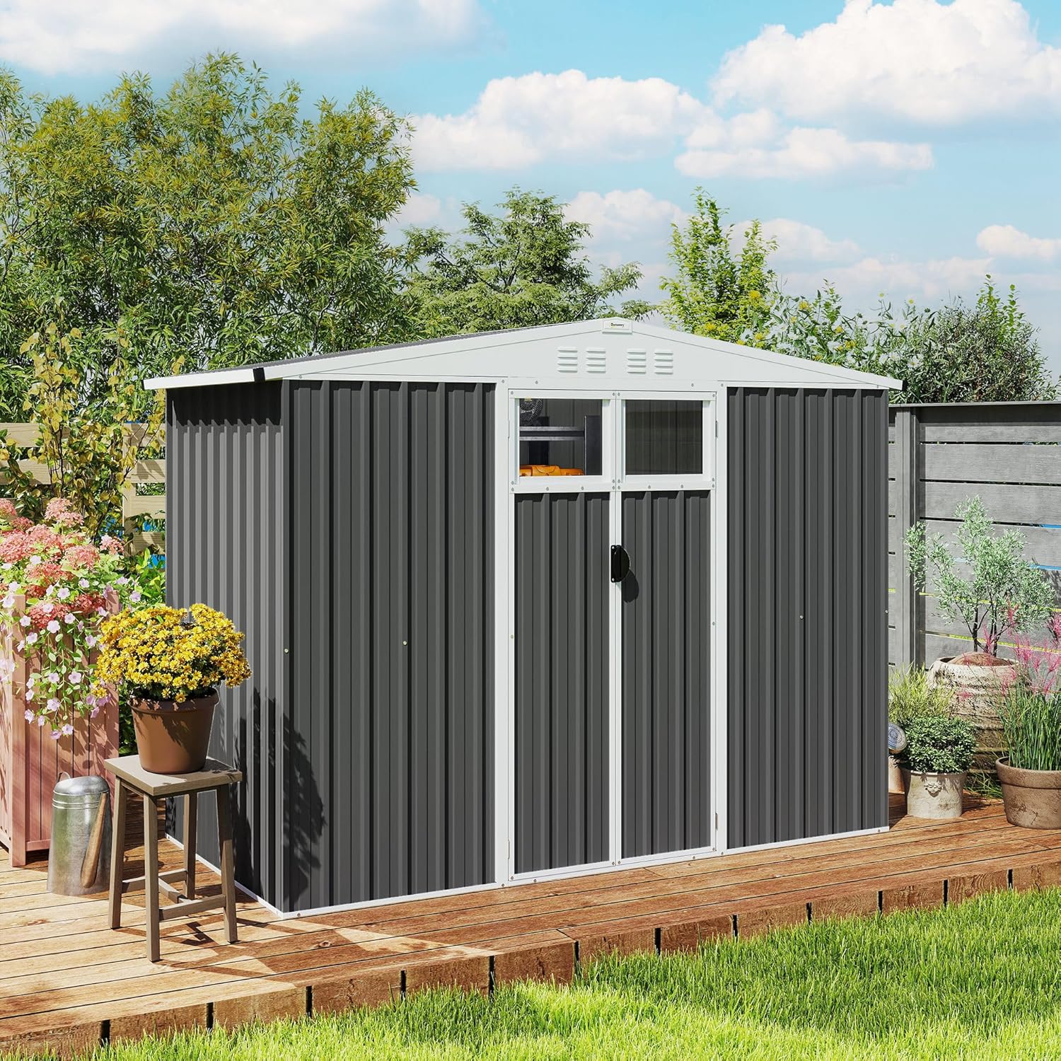 Outsunny Abri de Jardin en métal 2,7 m² cabane de Jardin 246 x 117 x 180 cm cabanon Rangement Outils avec fenêtre, 4 évents et Porte verrouillable, cabanon Jardin extérieur en Acier galvanisé, Gris