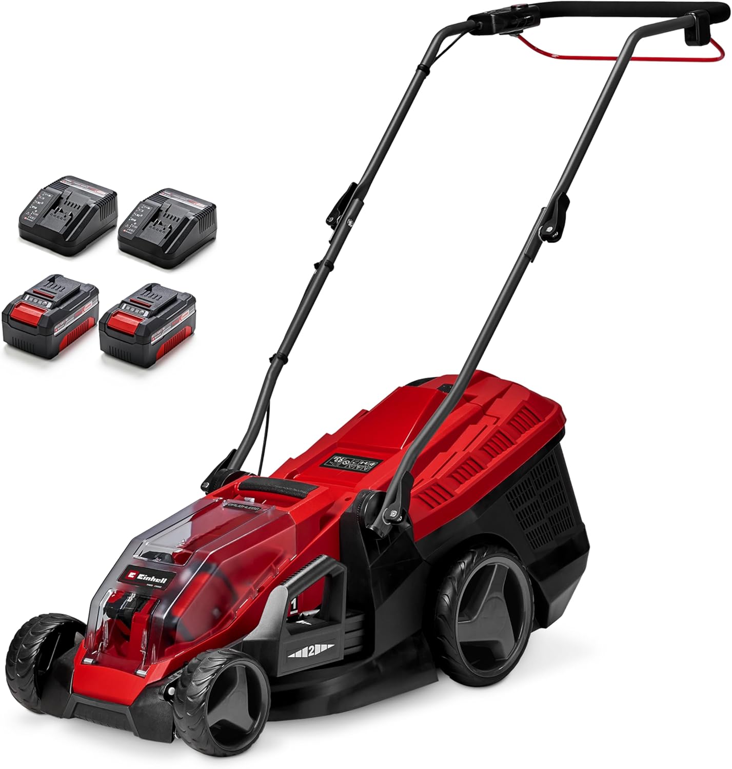 Einhell Tondeuse à gazon sans fil GE-CM 36/36 Li Kit Power X-Change (36V, largeur 36 cm, 400 m² max., sans charbon, bac collecteur 40 L, hauteur de coupe 25-75mm, avec 2 batteries 4,0Ah + 2 chargeurs)