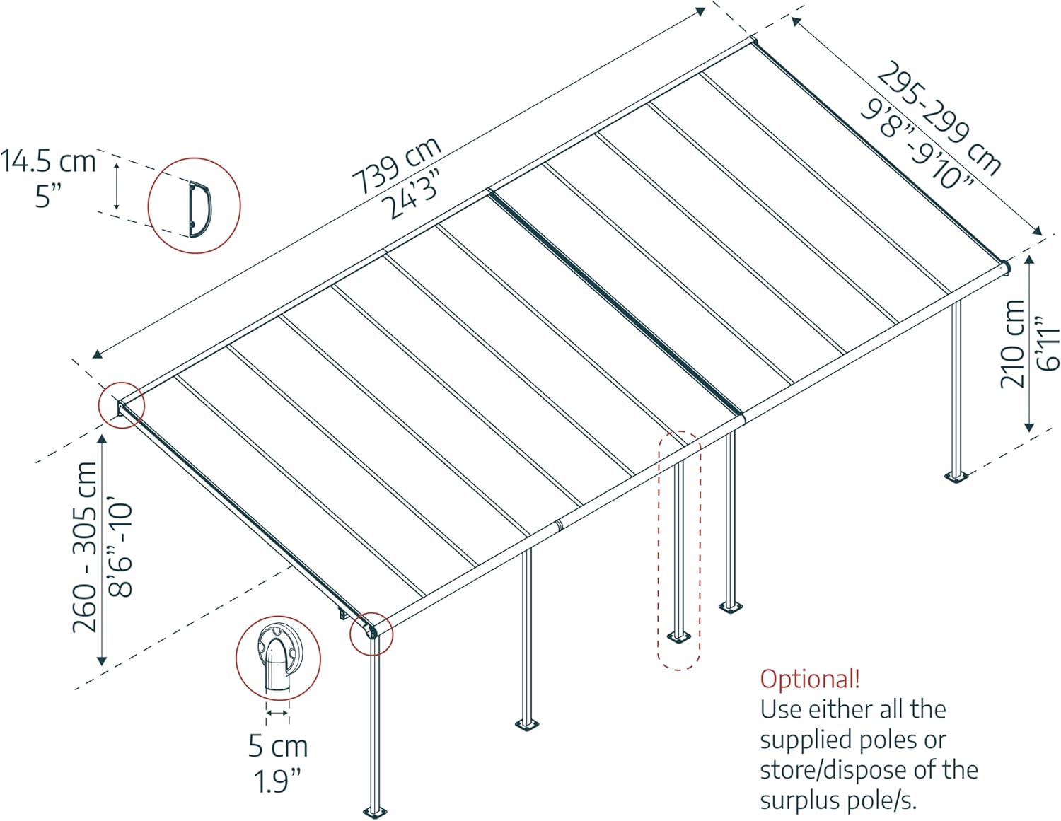 Palram - Capri série - 3x7m pergola adossée alu/polycarbonate, 21.8m², garantie 7 ans