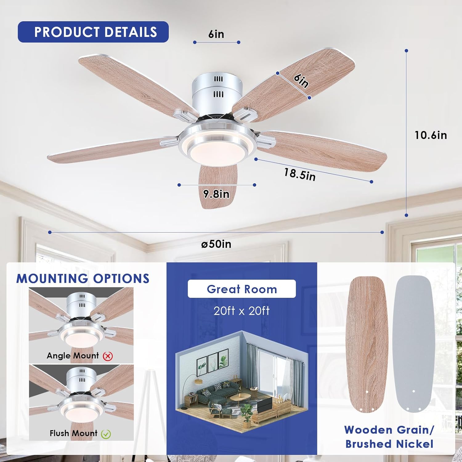 Kviflon - Ventilateur Plafond DC 127 cm, LED, télécommande, 3 pales
