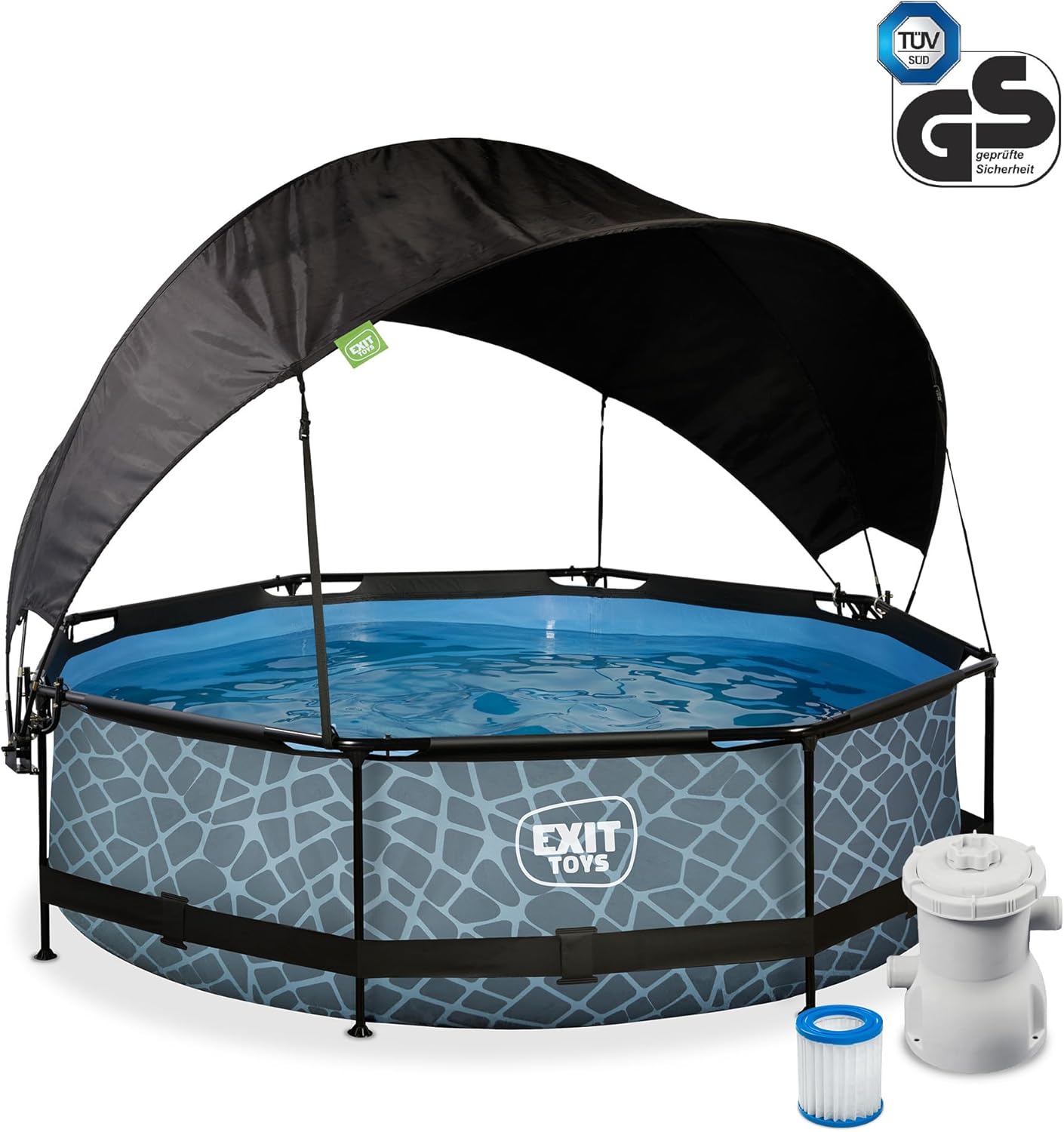 EXIT Toys Piscine Stone avec Voile d'Ombrage - ø300x76cm - Piscine Hors Sol Ronde avec Pompe Filtrante à Cartouche - Protection Optimale Contre Les Rayons UV - Entrée Basse - Design Unique - Gris