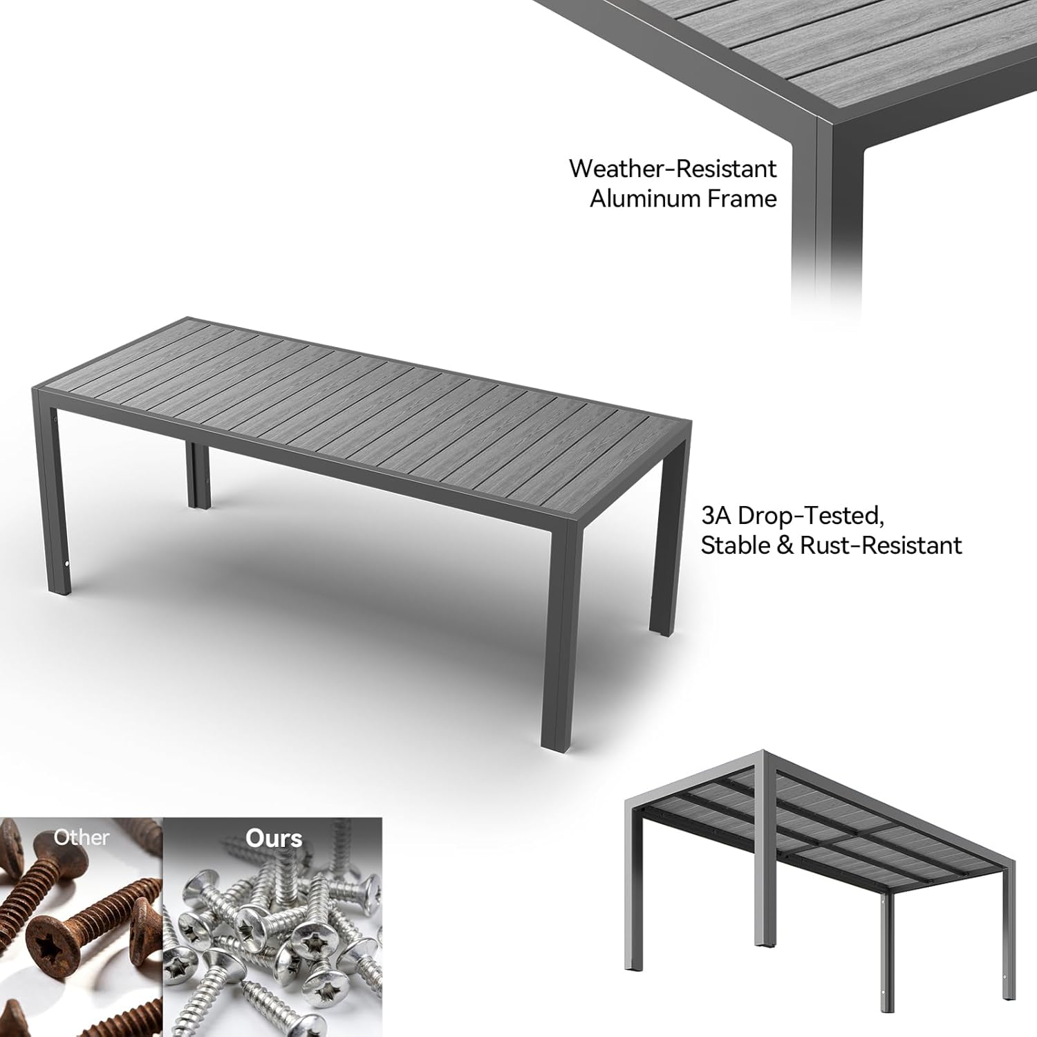 JUMMICO - Table Extérieure Gris 189x80cm, aluminium, aspect bois, antirouille