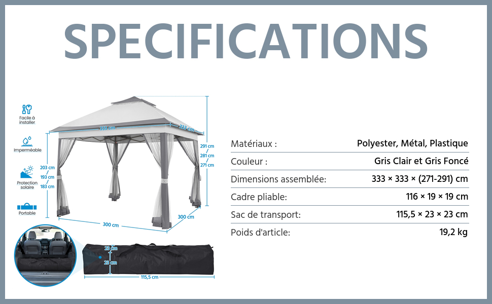 Spécifications pour un belvédère. Construction en polyester, métal et plastique. Gris et gris foncé. Dimensions : 333 x 333 x 271 à 290 cm. Poids : 36,2 kg