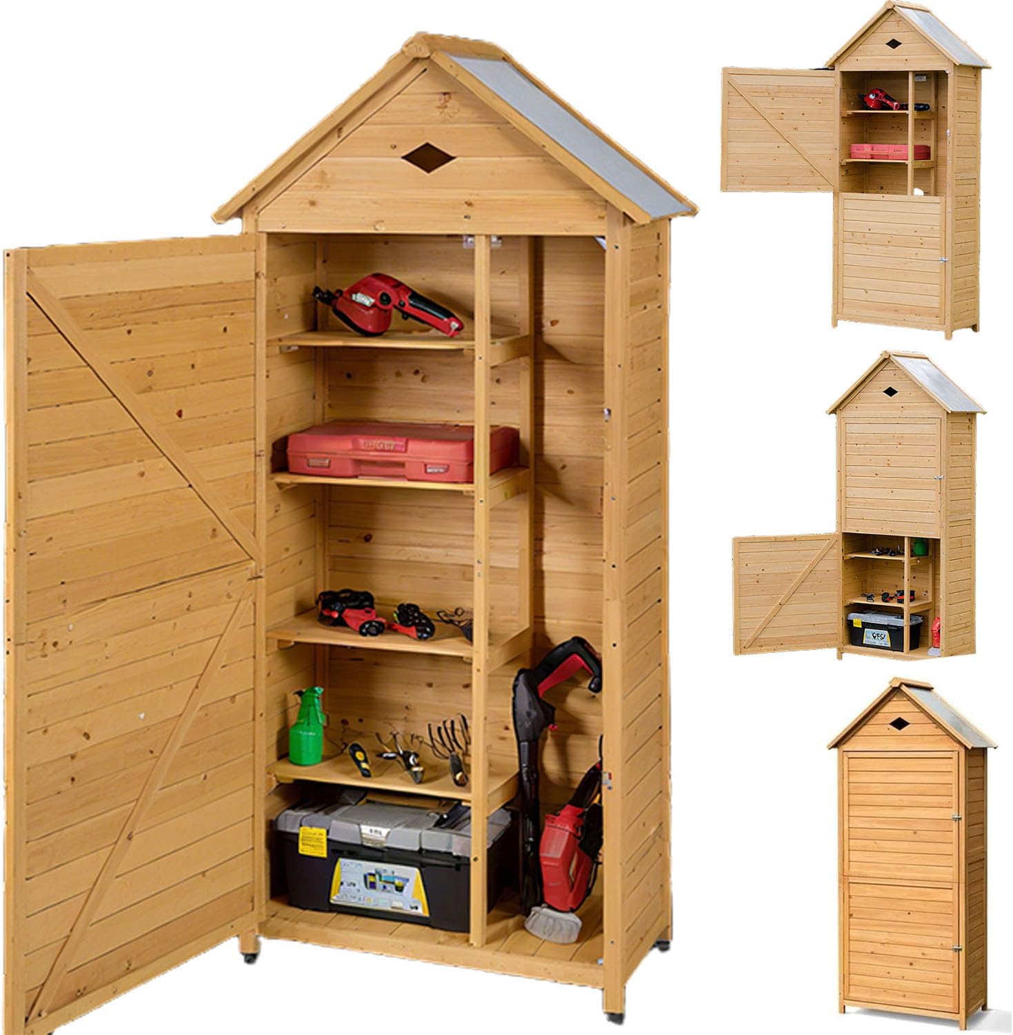 RELAX4LIFE Abri de Jardin en Bois de Sapin avec Porte Verrouillable, Toit Galvanisée,5 Étagères et Compartiment, Cabanon Jardin Extérieur