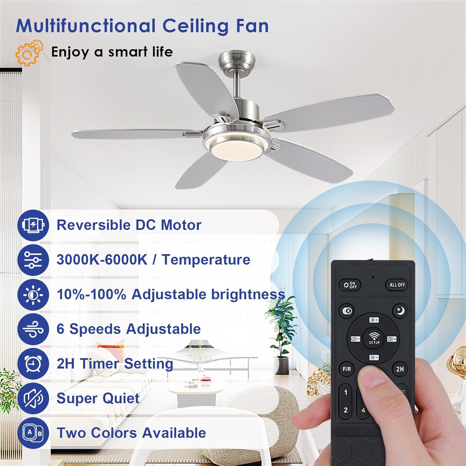 Kviflon - Ventilateur Connecté Série Moderne - 127cm, lumière, moteur DC silencieux, réversible
