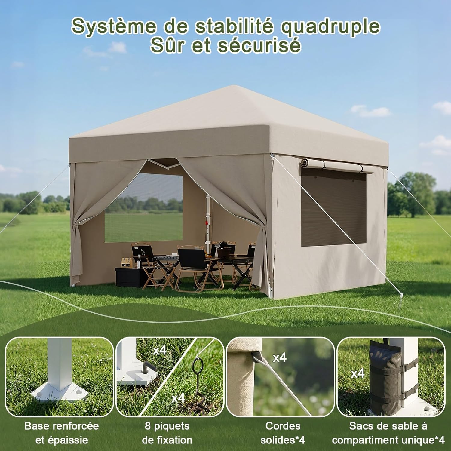 Devoko - Tonnelle Pliante - 3x3m - Fenêtre moustiquaire, UV 50+, Impermeable