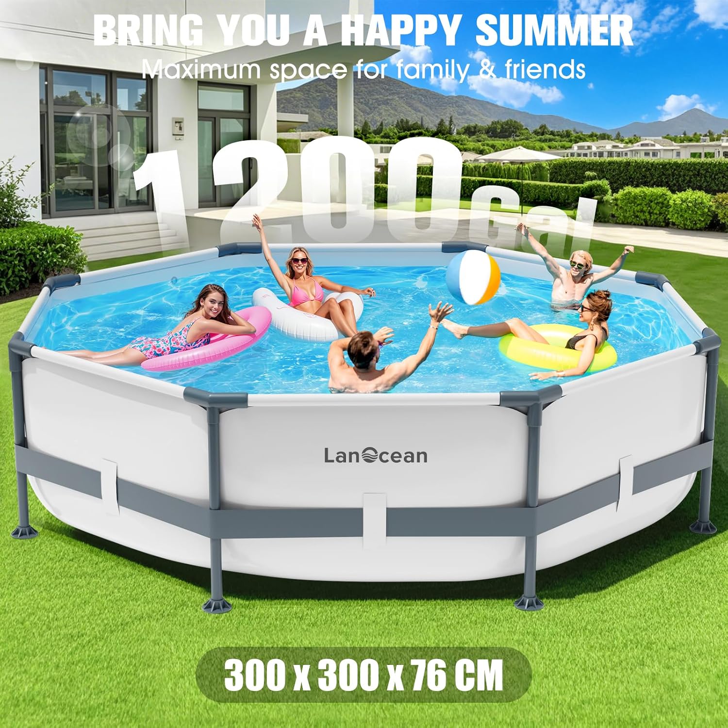 LanOcean Piscine Tubulaire Ronde 300x300x60cm, Piscine Hors Sol Ronde avec Matériau Anti-Crevaison, Grande Piscines Steel Frame Adulte Vidange Rapide, Piscines Tubulaire Jardin pour Toute la Famille