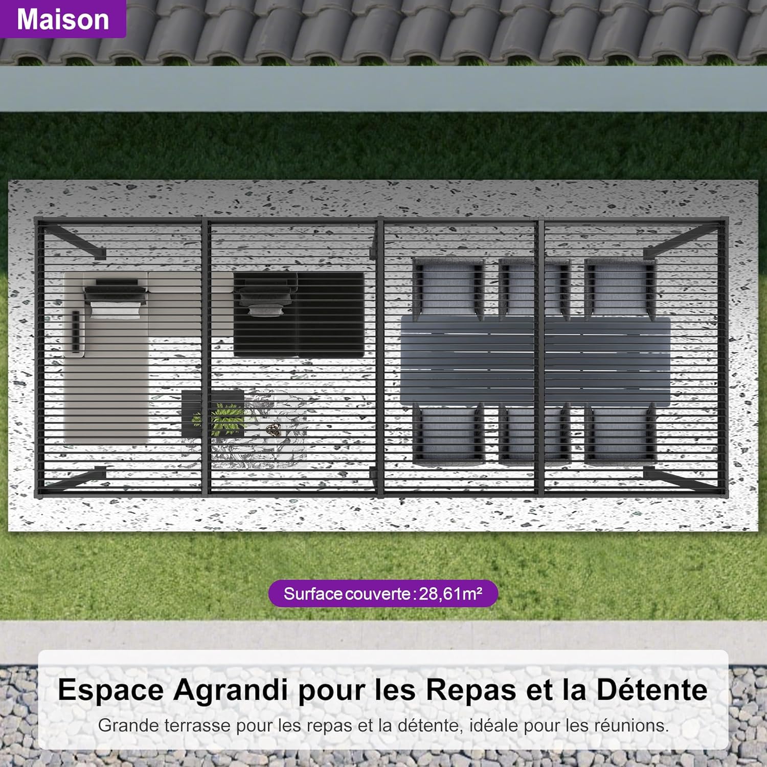 PURPLE LEAF - Pergola bioclimatique série - 3,5x8,5m - aluminium, lames orientables, jardin, terrasse, gris