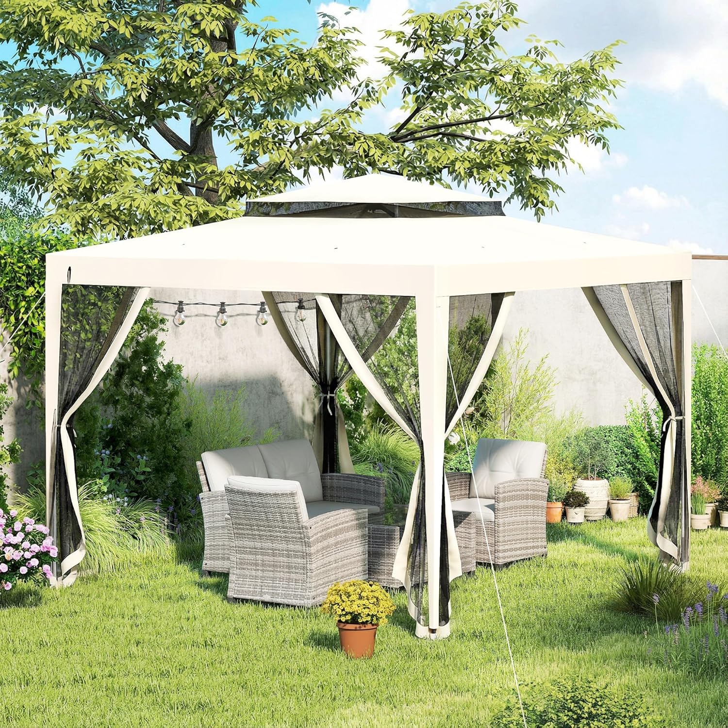Outsunny - Tonnelle série Barnum - 3x3 m - moustiquaires, double toit, crème