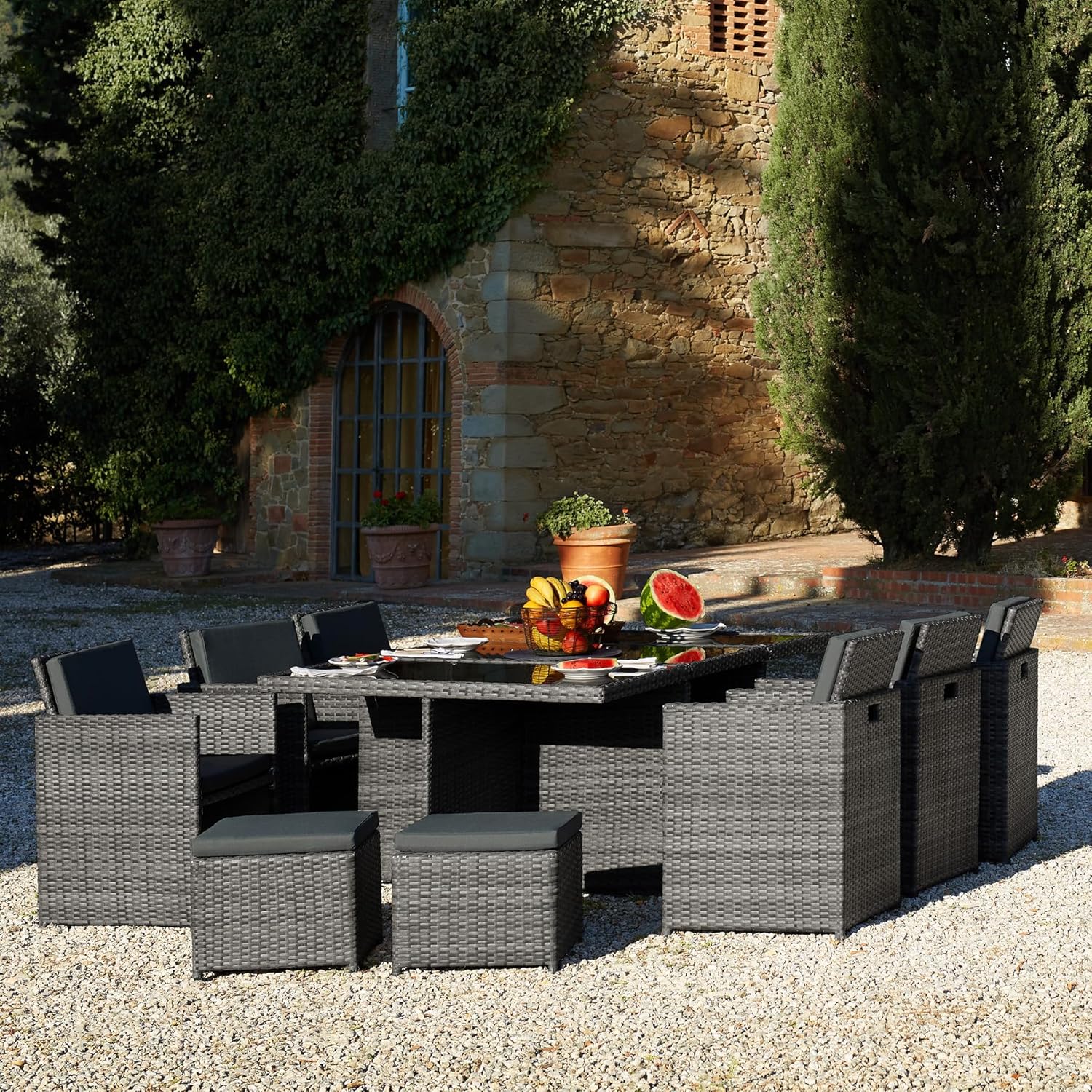 tectake - Salon de jardin 10 places, aluminium, résine tressée, housses incluses, gris clair