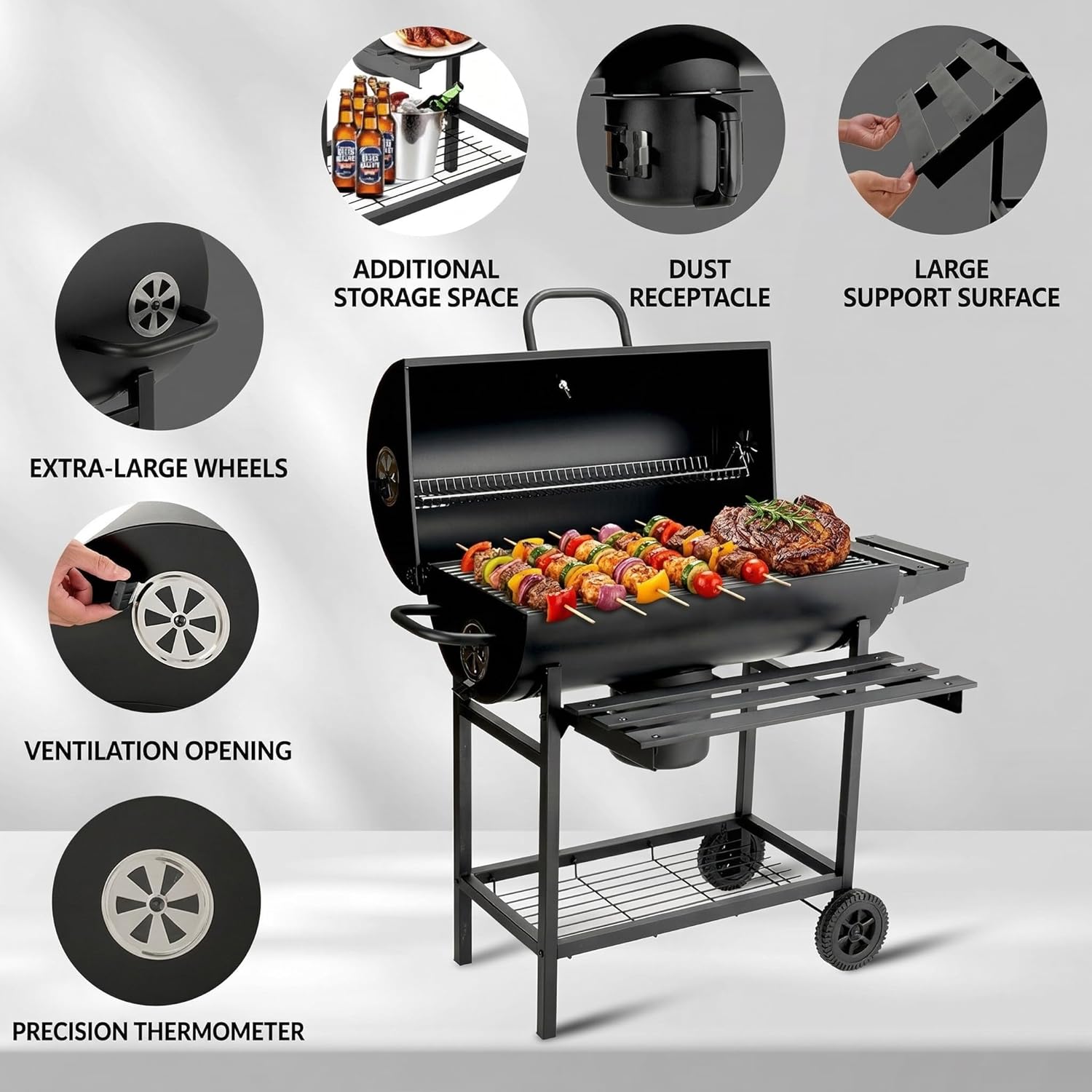 DEWINNER - barbecue charbon série de base - grille XXL, roulettes, tiroir à cendres