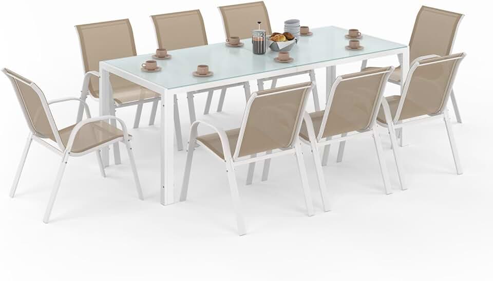 IDMarket - Madrid salon jardin, table 190 cm, 8 chaises empilables, blanc/beige