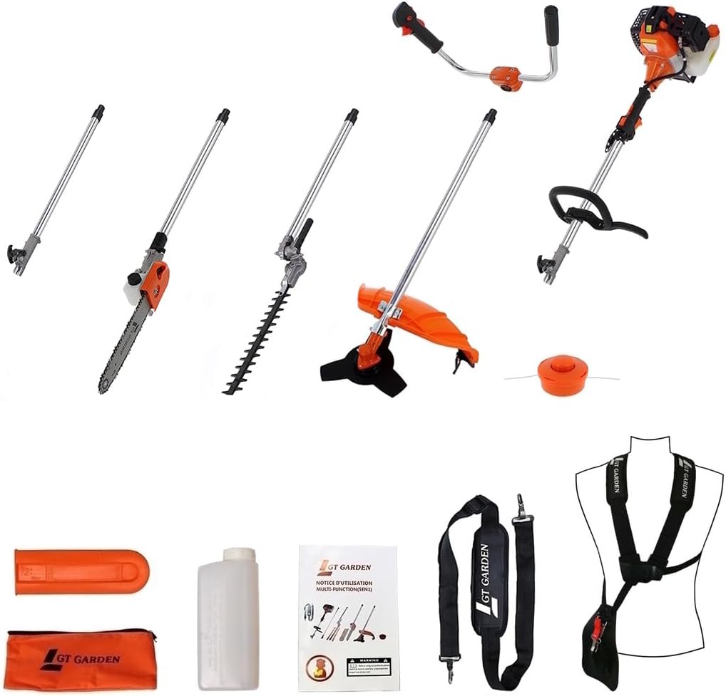 GT Garden - multifonction 4 en 1 thermique - 3 outils + rallonge - tronçonneuse, débroussailleuse, taille-haies