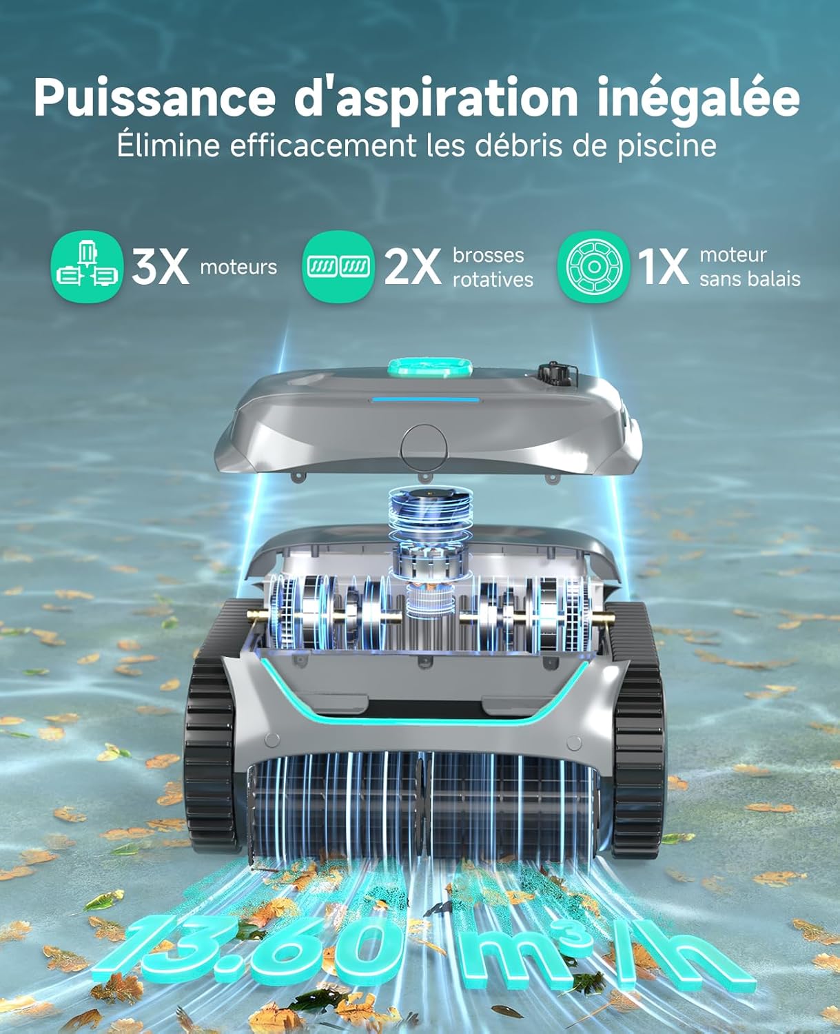 WYBOT C2 Robot Piscine sans Fil, Double Filtration, 3 Moteurs, Aspiration Puissante, Nettoyage Fond et Parois & Ligne d'eau, 180 Min, pour Piscines Enterrées 150㎡, App(Vert Gris foncé-Vert)