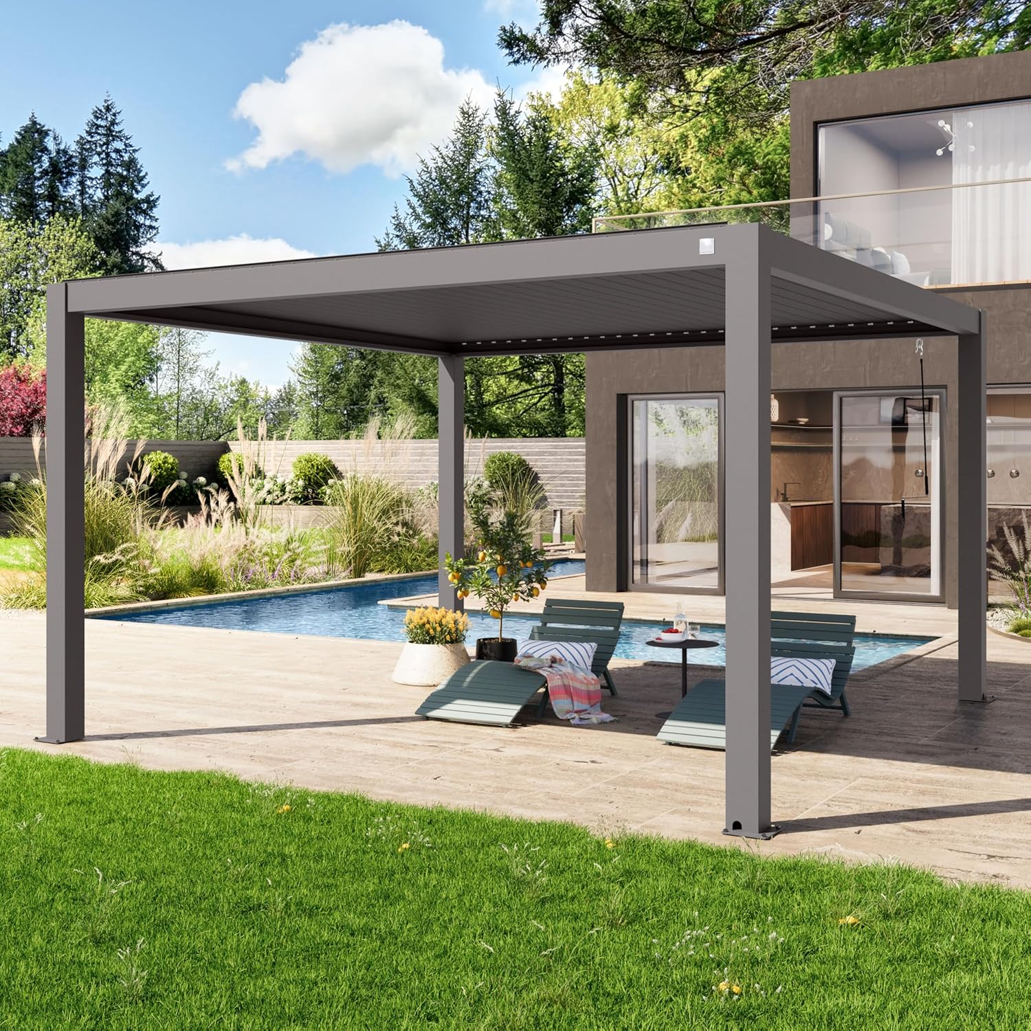 PRIMEYARD - Pergola aluminium, lames orientables, 4x4 m, gris