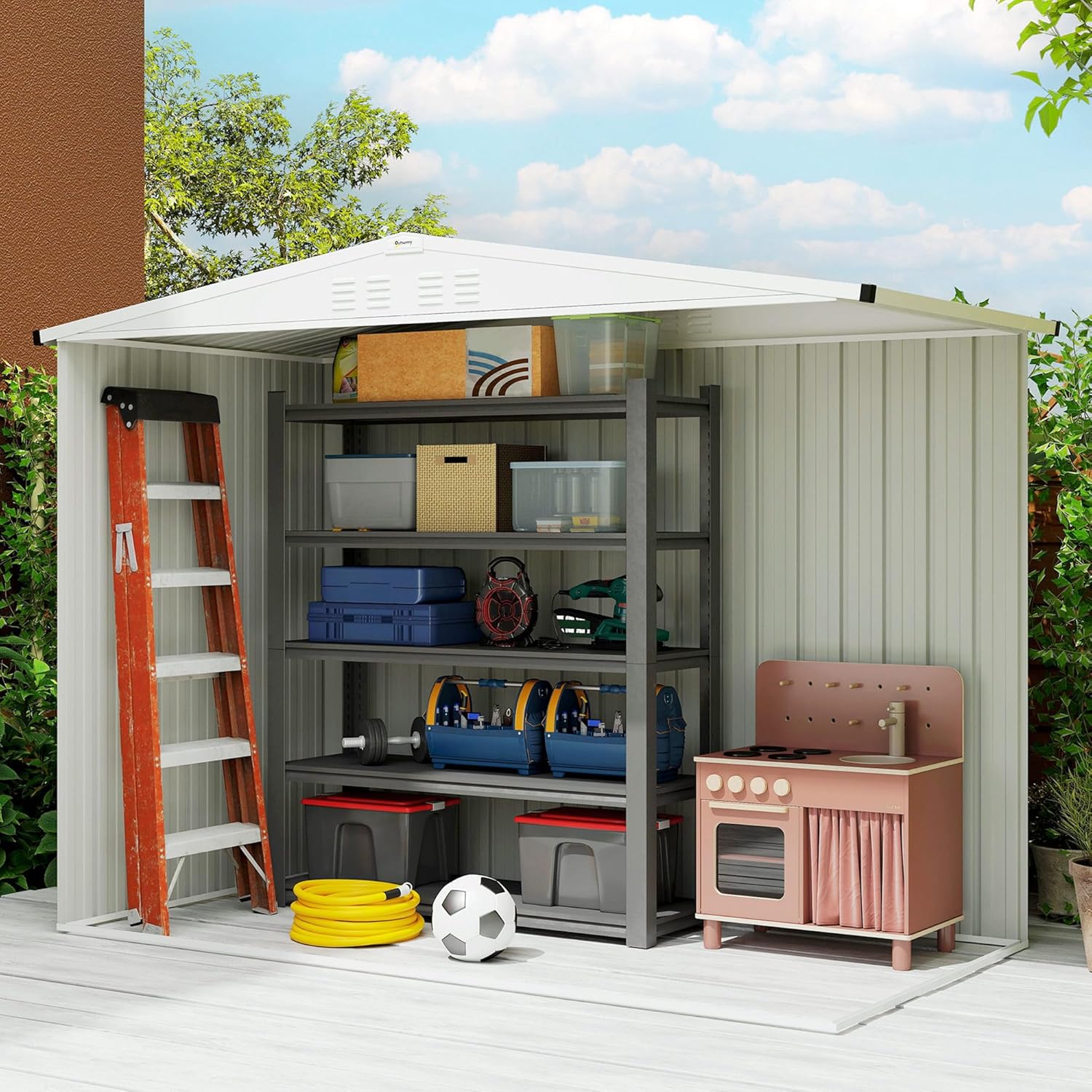 Outsunny Abri de Jardin en métal 2,7 m² cabane de Jardin 246 x 117 x 180 cm cabanon Rangement Outils avec fenêtre, 4 évents et Porte verrouillable, cabanon Jardin extérieur en Acier galvanisé, Gris