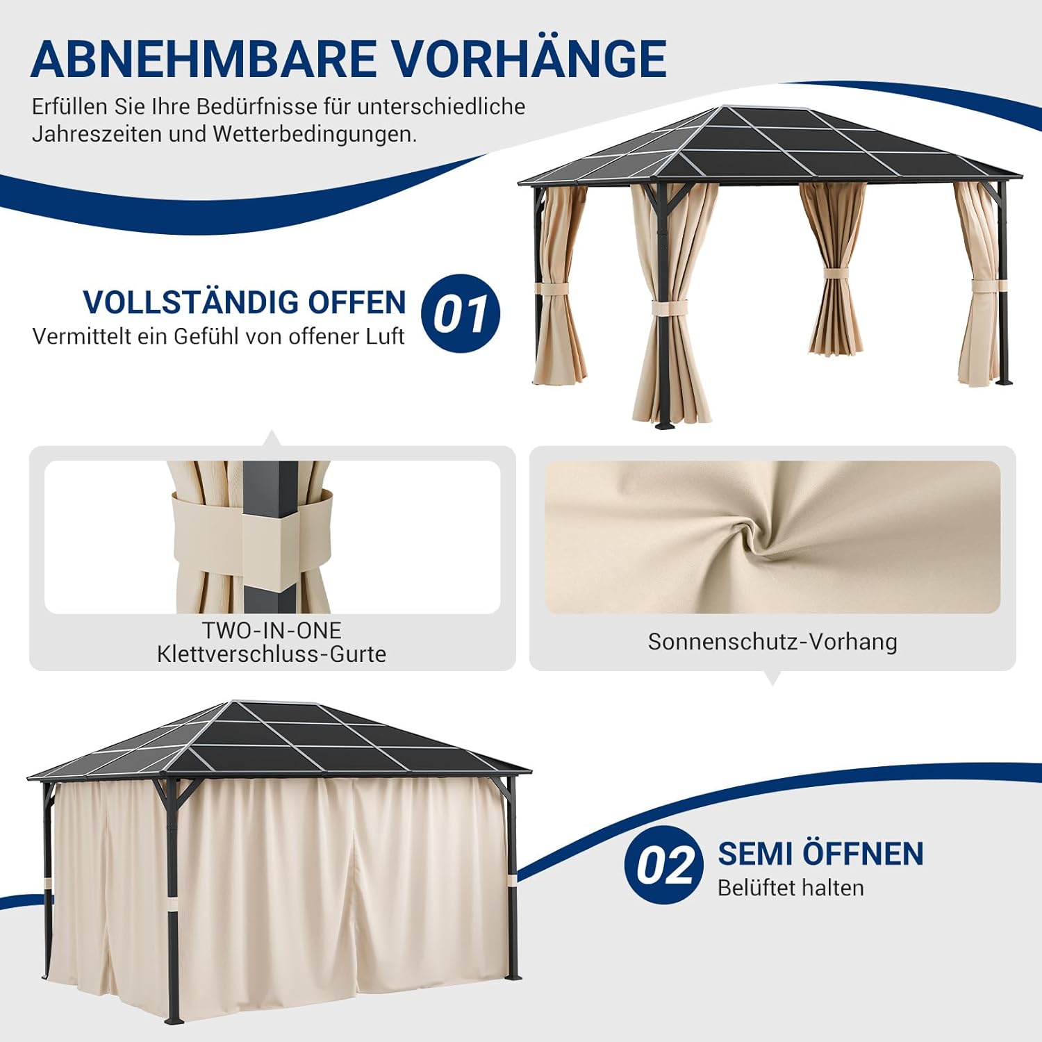 UDPATIO - tonnelle de jardin série imperméable 3x4m, toit UV, rideaux, stabilisée, Champagne