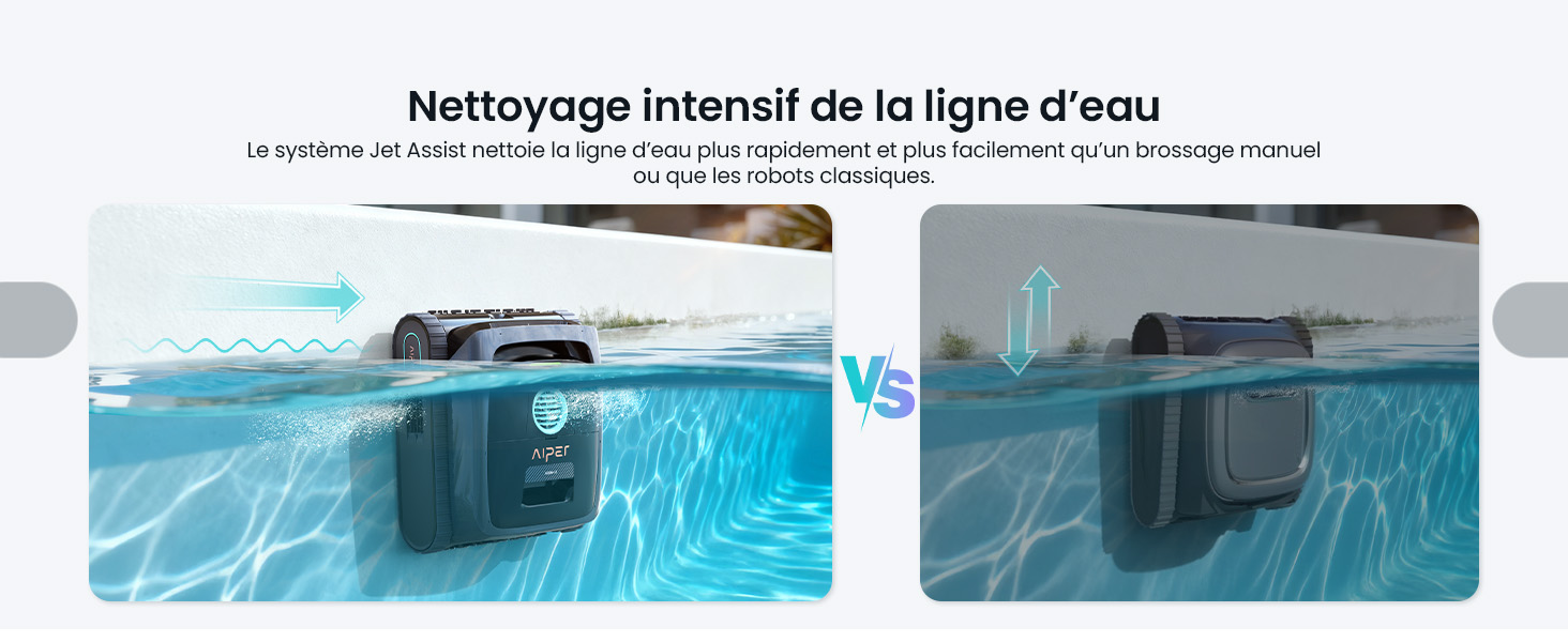 Le texte se lit comme suit : « Nettoyage intensif de la ligne d'eau ». Vue sous-marine divisée montrant un robot nettoyeur de piscine en fonctionnement.