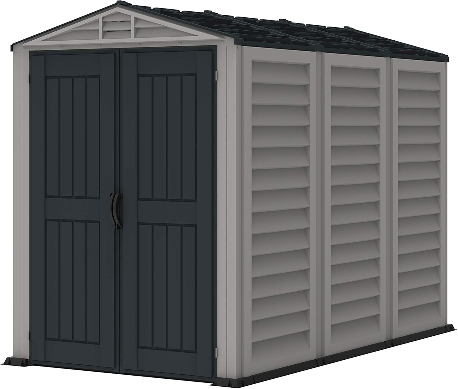 Duramax YardMate PLUS 5 x 8 (4.28 m²) Abri de jardin en plastique avec plancher en plastique robuste, structure de toit en métal robuste, ignifuge et sans entretien, Gris foncé/ Adobe