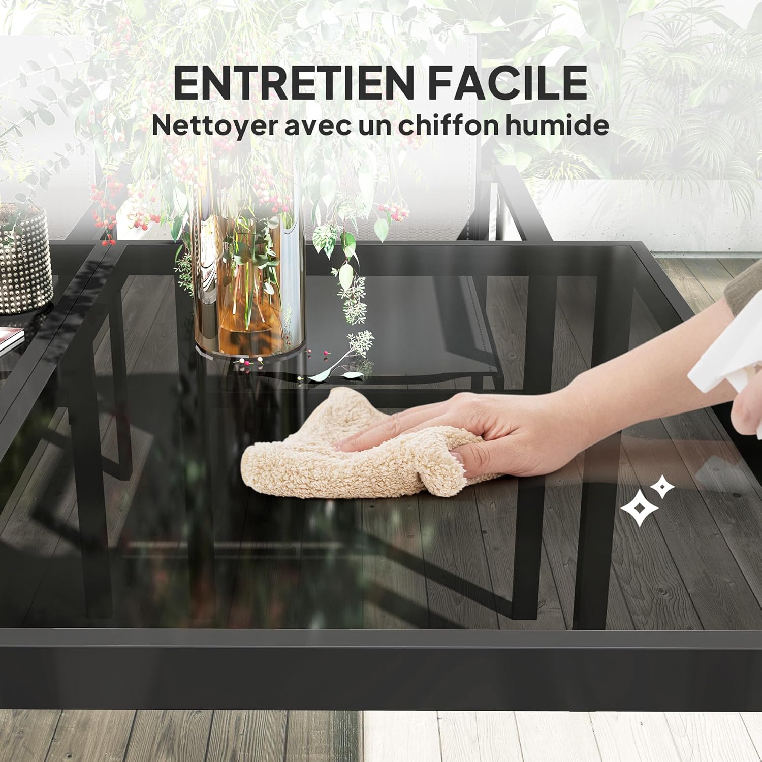 Outsunny - salon de jardin extérieur 4 places - table verre 140 cm, chaises empilables, noir