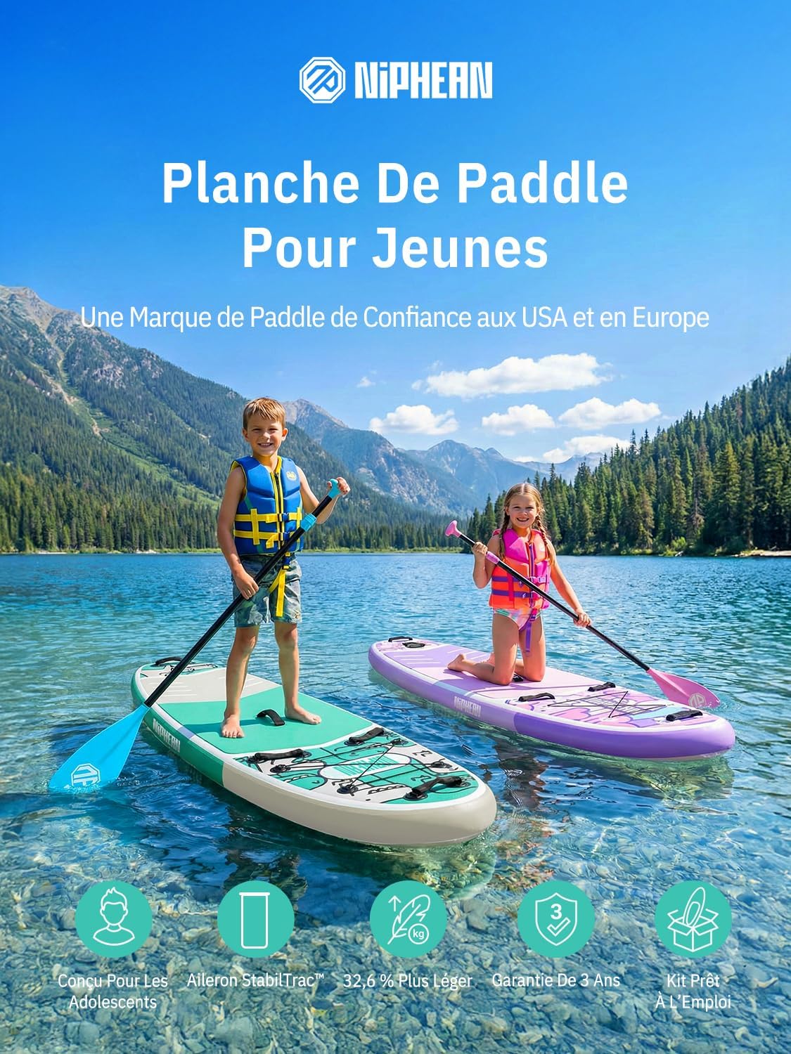 Niphean Paddle Gonflable Adulte avec Tous Les Accessoires, 320cm Planches de Stand Up Paddle Gonflables pour Tous Les Niveaux, Sup avec Capacité 200 kg pour 2 Personnes, Paddle Gonflable avec Siège