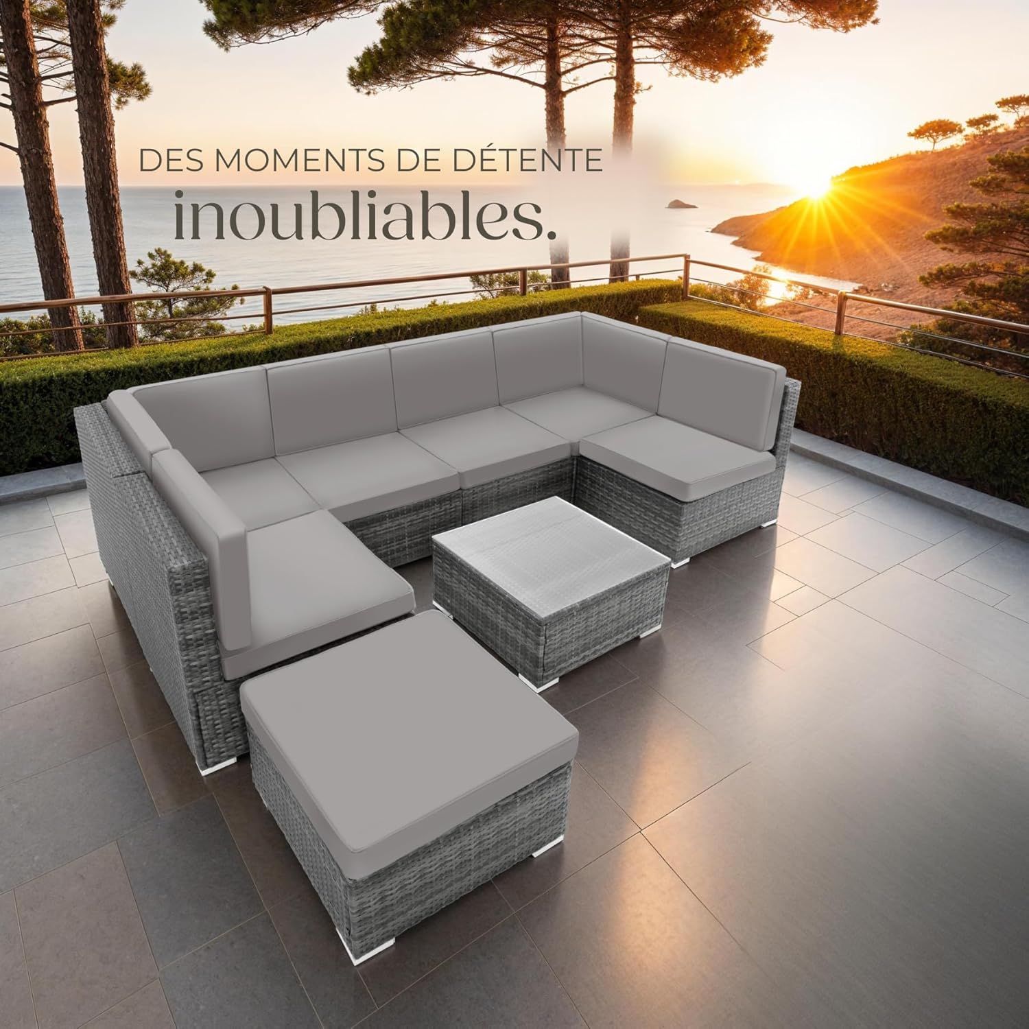 Tectake - Salon de jardin modulable 6 places - rotin, gris, confortable