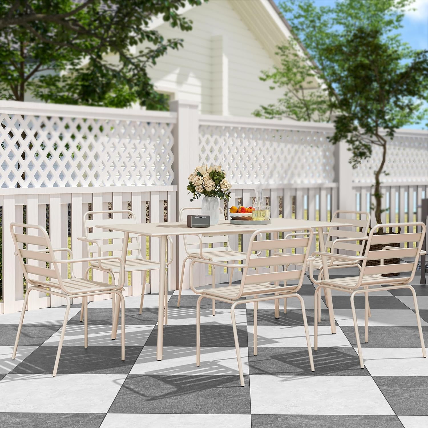 Outsunny - Ensemble salle à manger 7 pcs - table + 6 chaises empilables acier beige