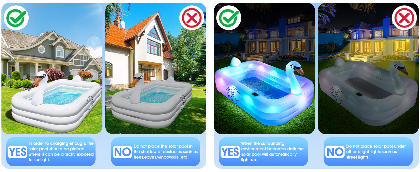 Quatre images de produits montrant des piscines gonflables : piscine circulaire colorée, piscine à cadre ovale, piscine à LED brillante et piscine rectangulaire foncée. Chacune est étiquetée avec des informations sur le produit et des icônes circulaires.