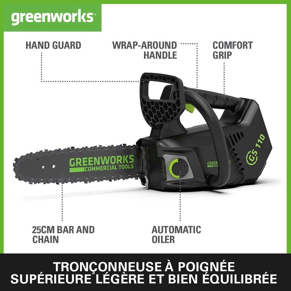 Greenworks GD40TCSK2 Tronçonneuse à Batterie Top Poignée Moteur Sans Balais, Longueur Guide-Chaîne 25 cm, Vitesse de Chaîne 12m/s, 2,4kg, Graisseur Automatique, Anti-rebond, Batterie 40V 2Ah, Chargeur