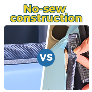 Image fractionnée comparant une construction sans couture. À gauche : gros plan d'un tissu en maille attaché à un tissu bleu. À droite : manipulation manuelle du tissu maillé sur une surface bleu clair
