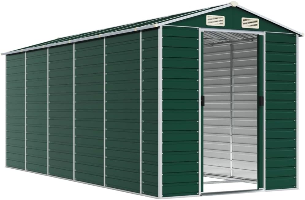 vidaXL Abri de Jardin, Cabane à Outils avec Poignées, Remise à Outils avec Toit Inclinable, Abri de Rangement Terrasse, Vert 191x470x198 cm Acier Galvanisé