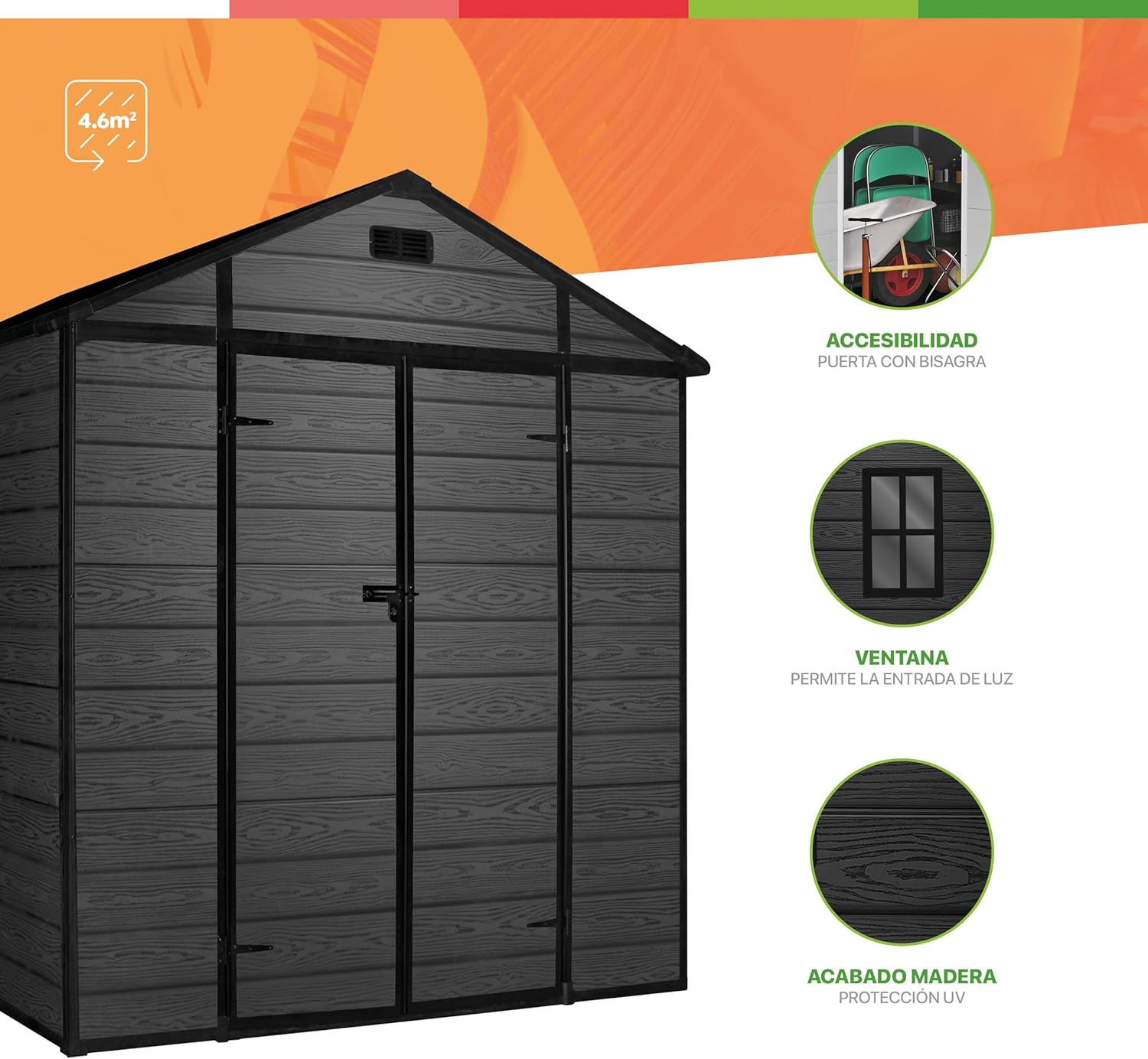 Wasabi - Aqua abri jardin résine 4,6 m², PVC, double porte, fenêtre