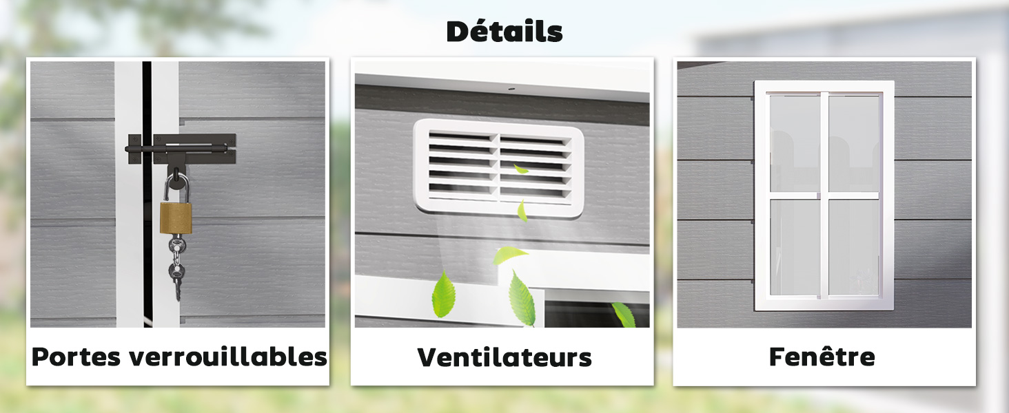 Illustration à trois panneaux montrant les caractéristiques de sécurité de la maison : portes verrouillables, systèmes de ventilation et installations de fenêtres