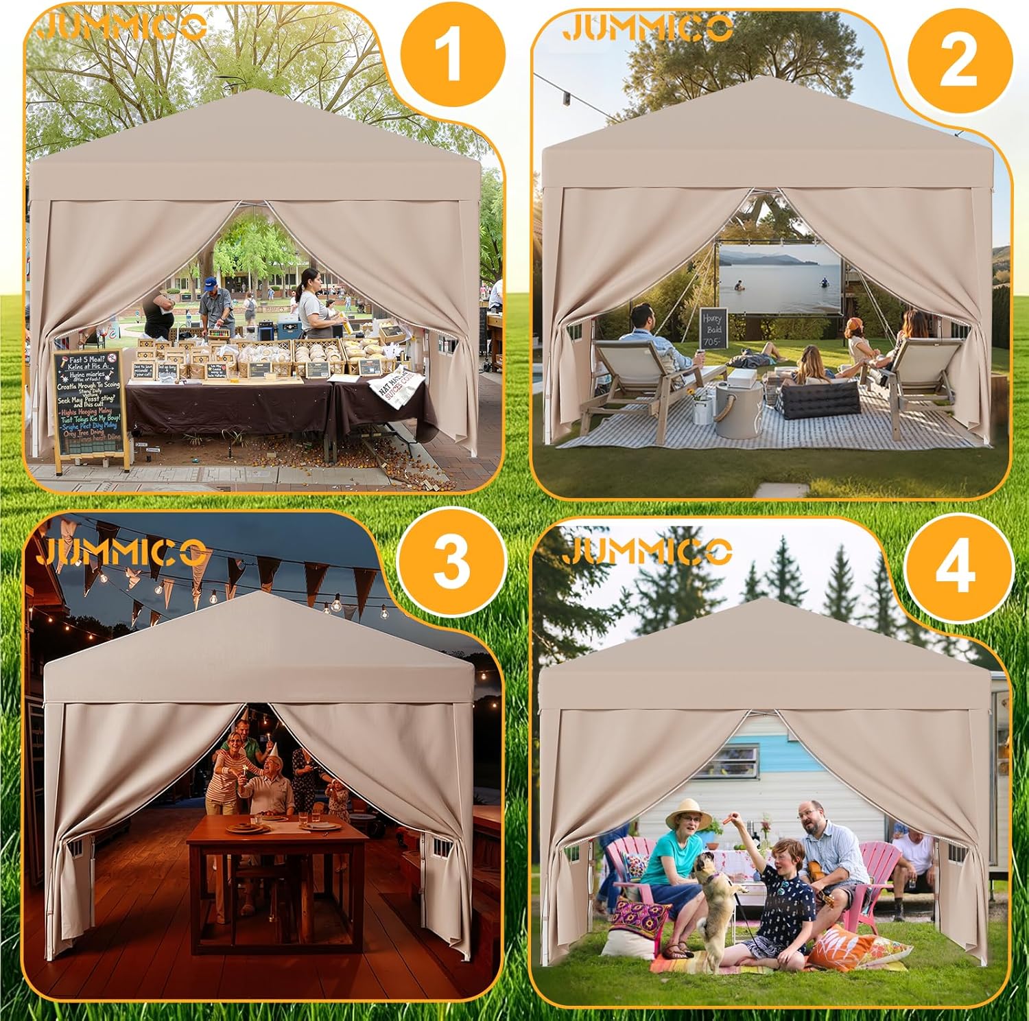 JUMMICO Tonnelle Pliante 3x3 imperméable, Hauteur Réglable, Toile Épaisse avec Fermeture Velcro, Structure Robuste, Protection Anti-UV, Idéale pour Camping, Jardin et Plus Encore, Beige
