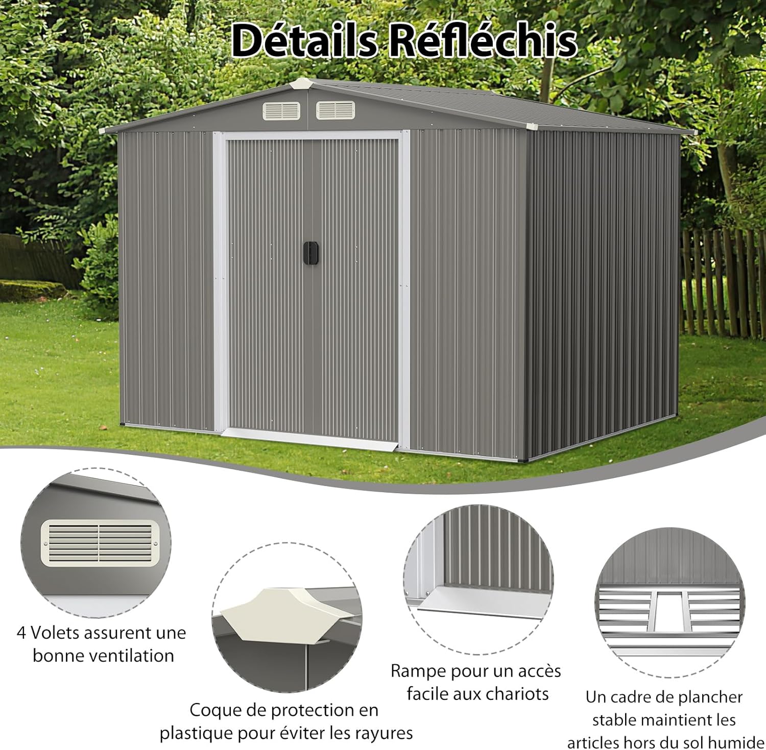 COSTWAY Abri de Jardin 4.7㎡en Acier Galvanisé Anti-UV, 260 x 207 x 181 CM, Cabane de Jardin Exterieur 9.7 m³ avec Fondation et Porte Coulissante, Rampe, 4 Trous d’Aération, 4 Gants Inclus, Gris