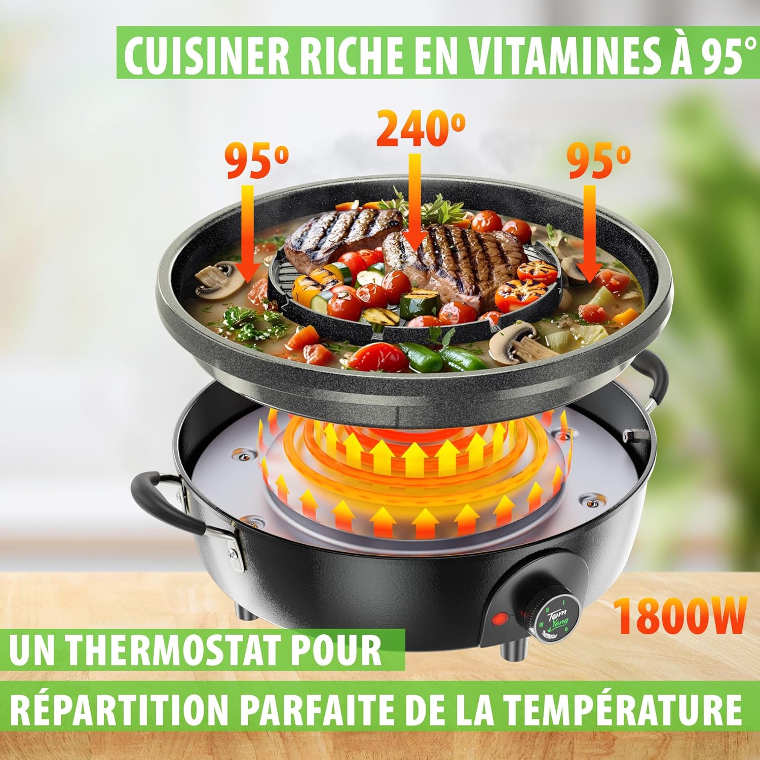 TomYang - Hot Pot BBQ électrique - revêtement suisse, design allemand, vidéos recettes, barbecue de table