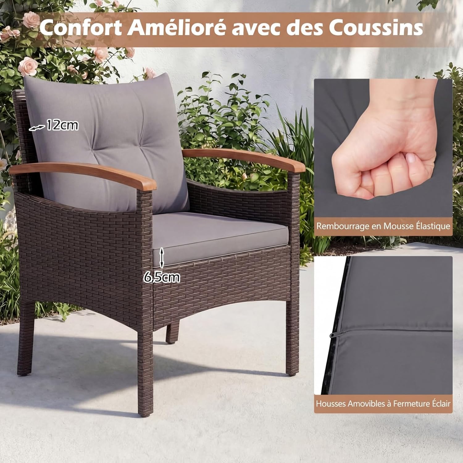 COSTWAY - Salon de jardin 5 pièces rotin, bois acacia, coussins amovibles, gris