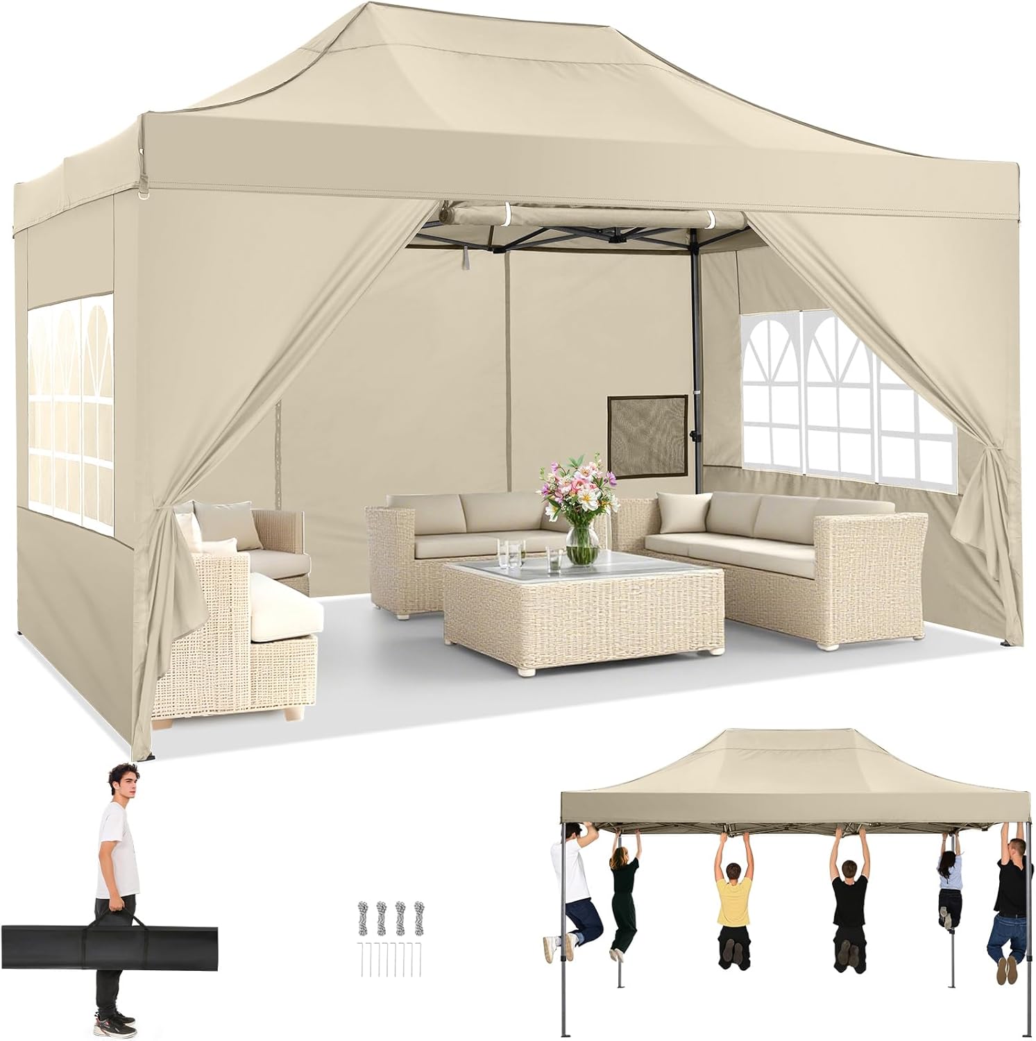 COBIZI - Tonnelle pliante série étanche - 3x4,5m - UV50+, panneaux latéraux - Kaki