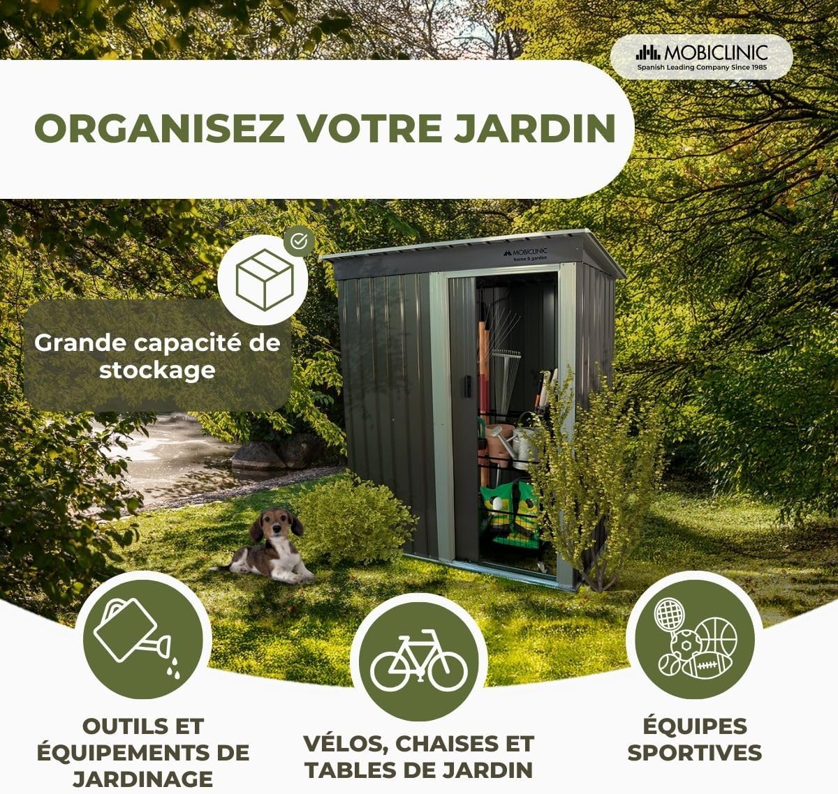 Mobiclinic - Nomi - 150x75x181 cm - abri jardin, porte coulissante, toit pentu, sécurisable, gris
