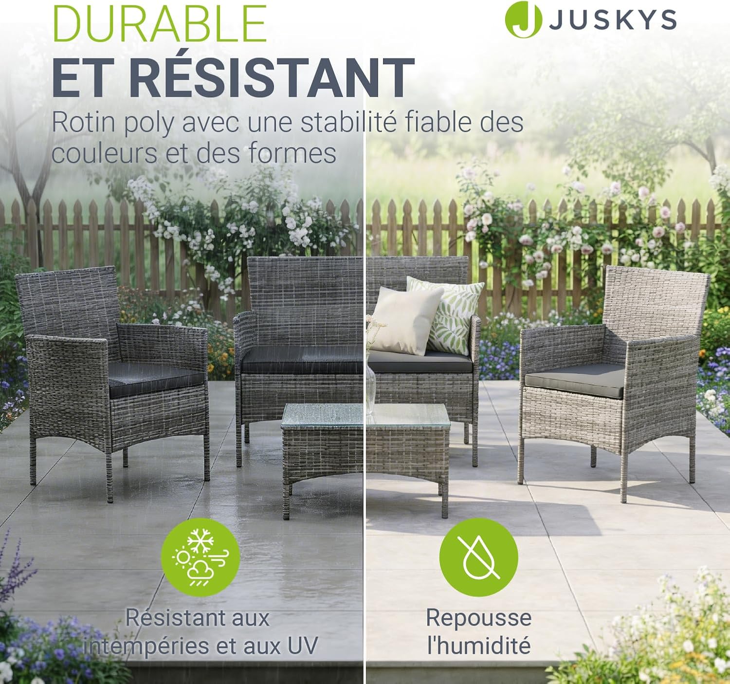 Juskys - Fort Myers salon de jardin 4 places, coussins gris, polyrotin